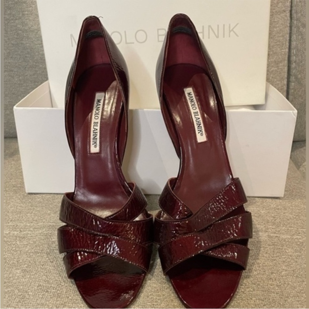 Manolo Blahnik burgundy Patent Leather cross Cross Strap High Heel Sandals